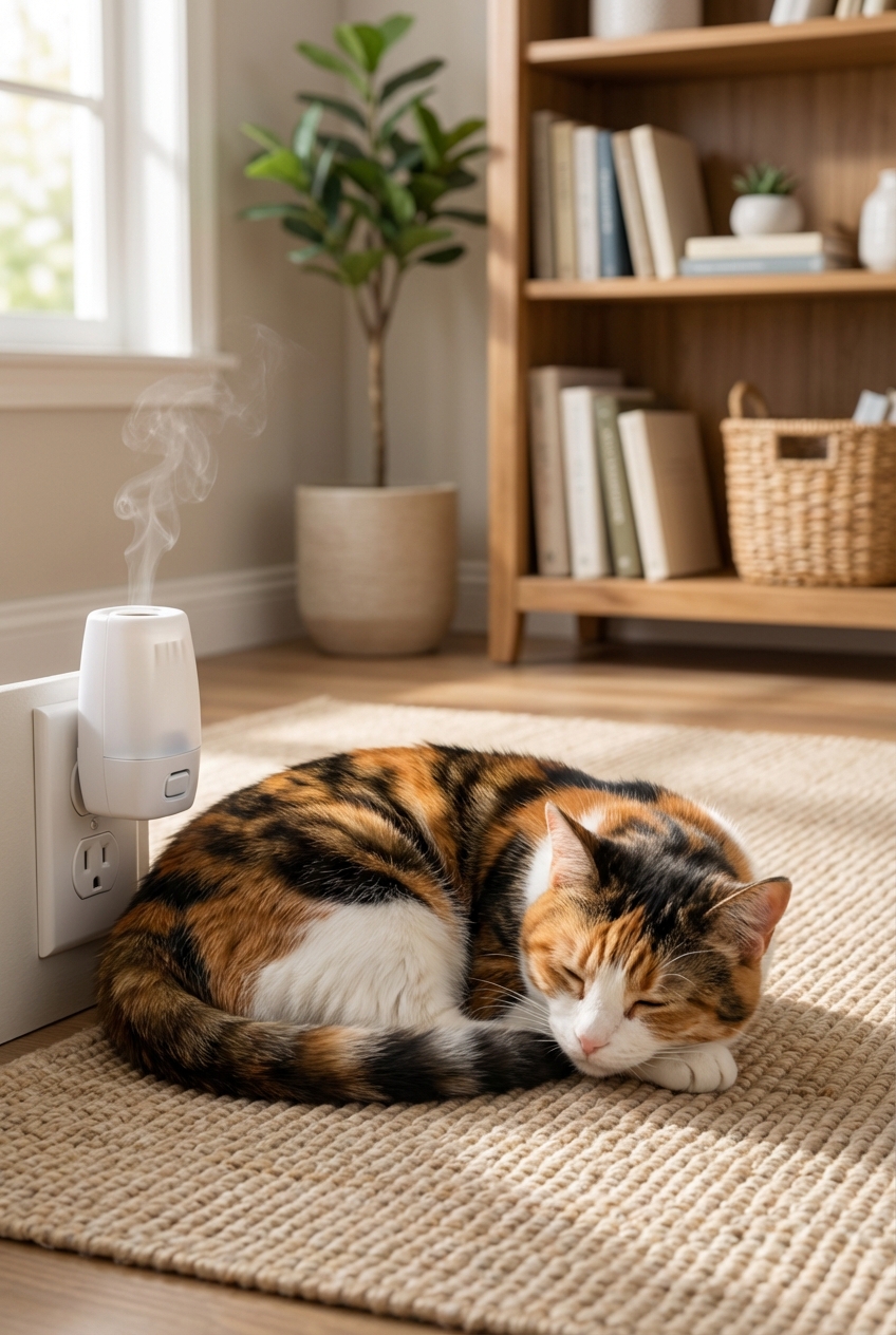 A cat resting calmly near a wall outlet diffuser in a tidy living room