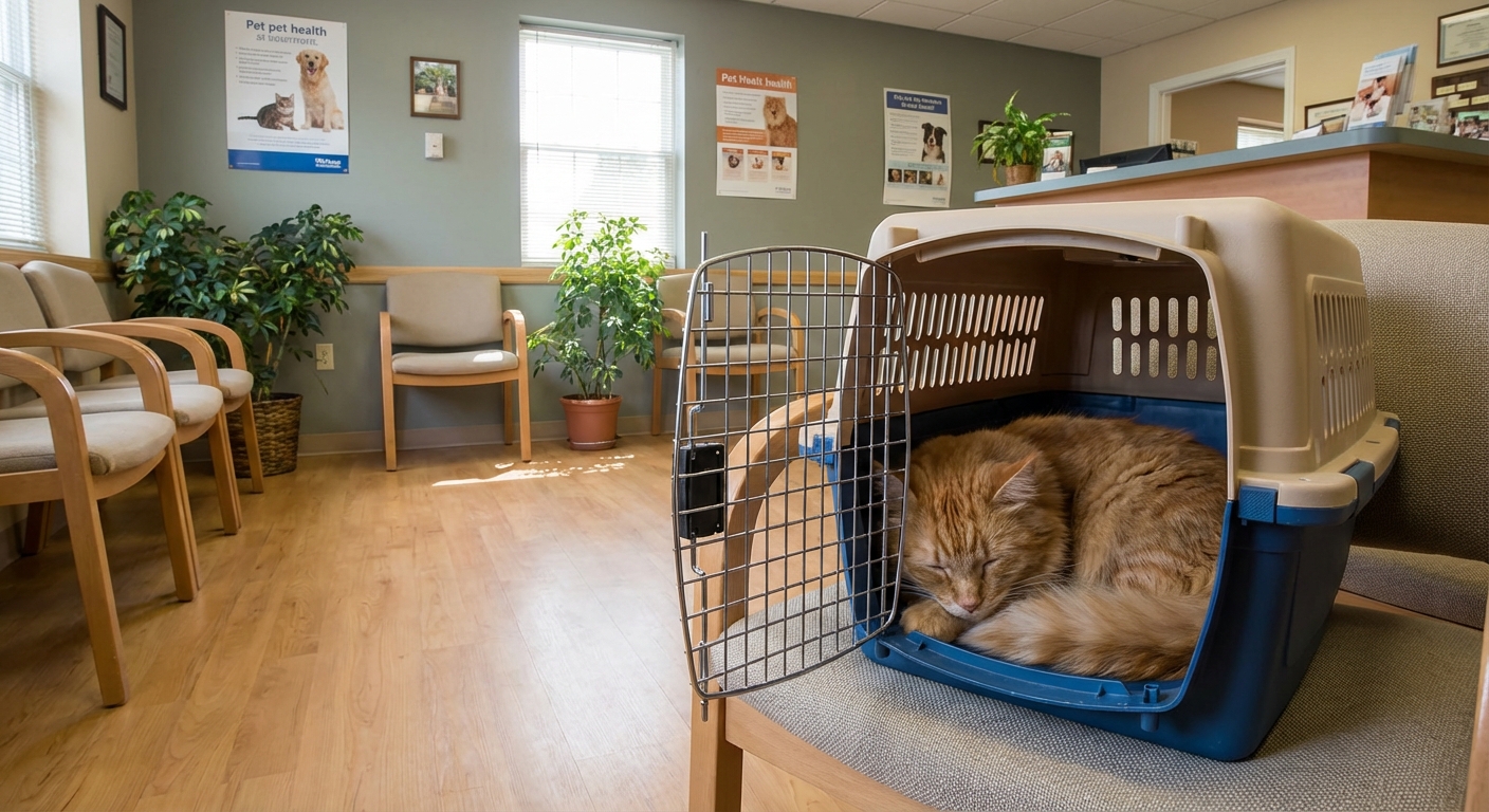 A cat resting comfortably in a carrier at a veterinary clinic waiting area
