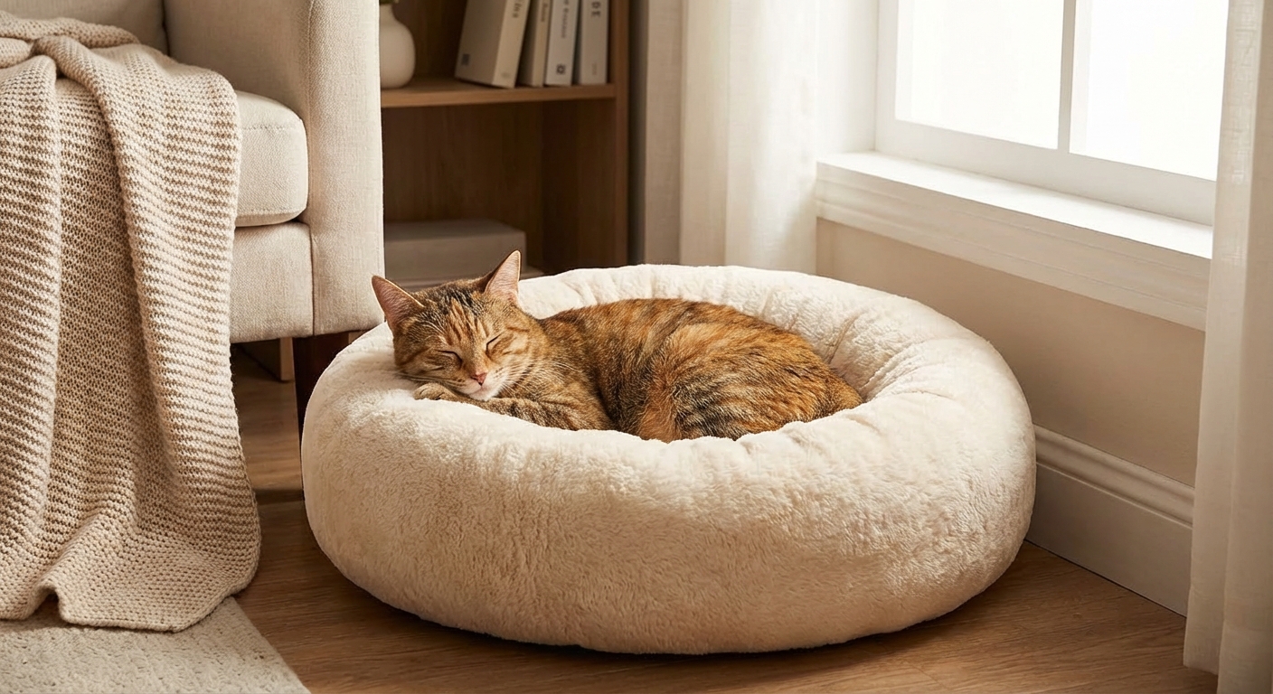A cat resting comfortably in a soft bed at home