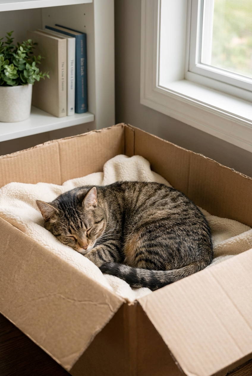 A cat resting in a cardboard box lined with a soft blanket in a quiet corner of a home