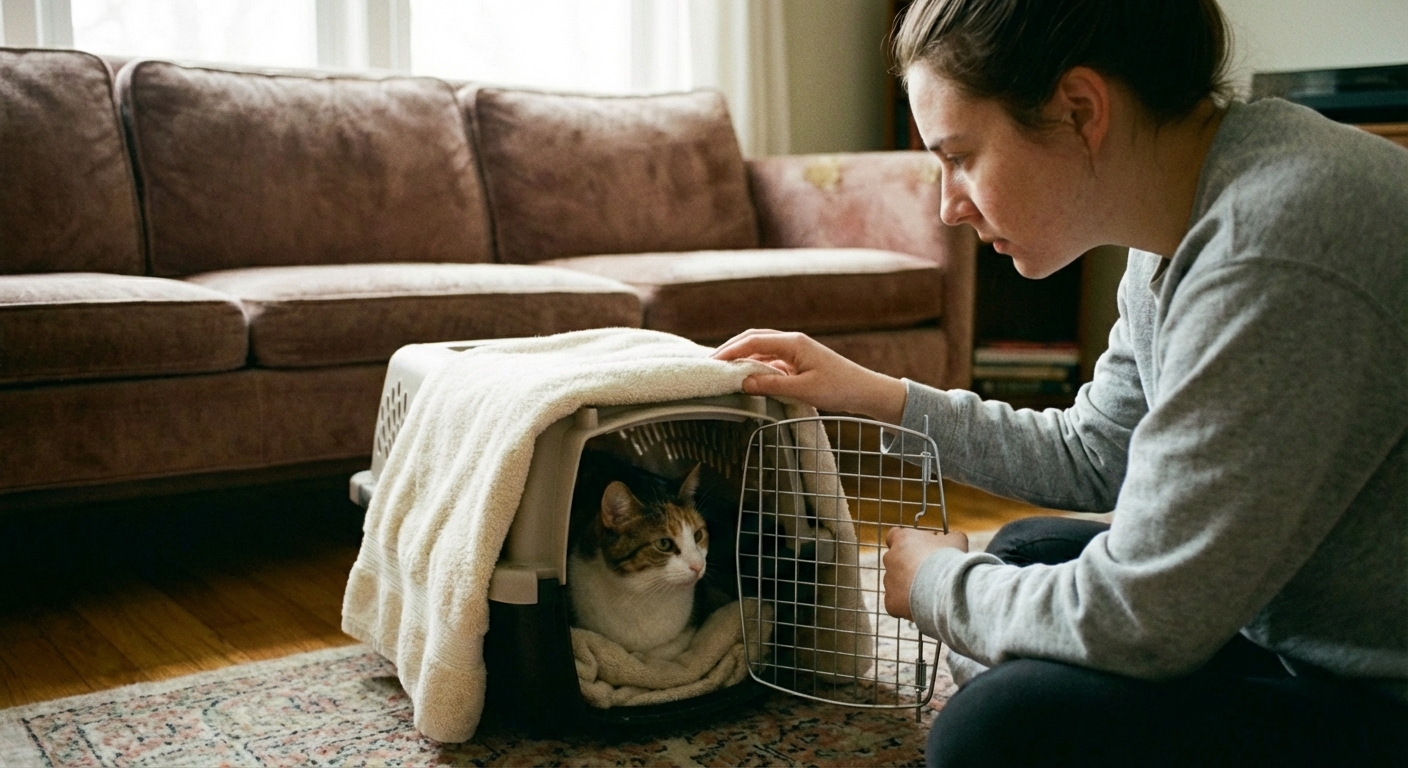 A cat resting in a carrier while a person gently places a towel over part of the carrier to reduce stress