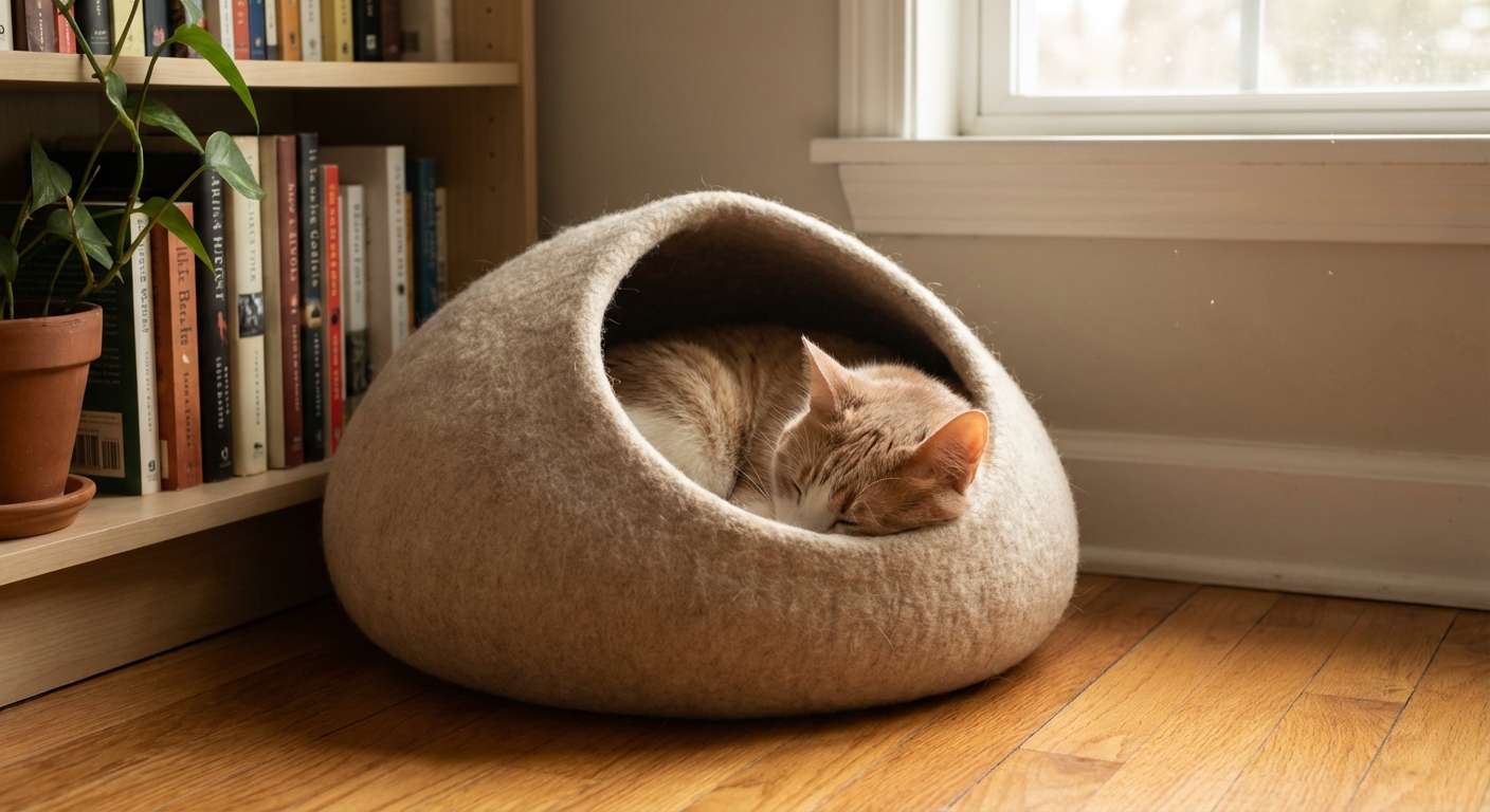 A cat resting inside a cozy covered cat bed in a quiet corner of a room