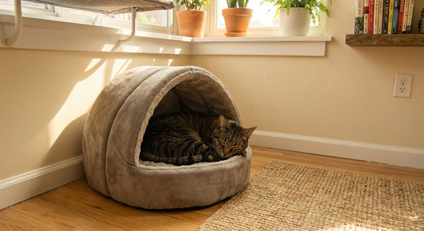 A cat resting inside a soft covered cat bed placed in a quiet corner of a small apartment