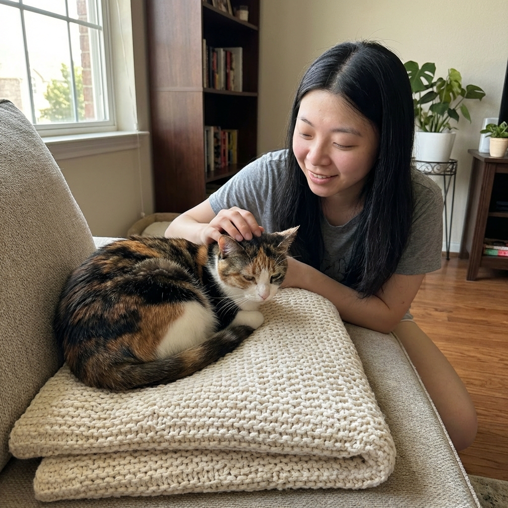 A cat resting on a folded blanket while a family member softly pets its head