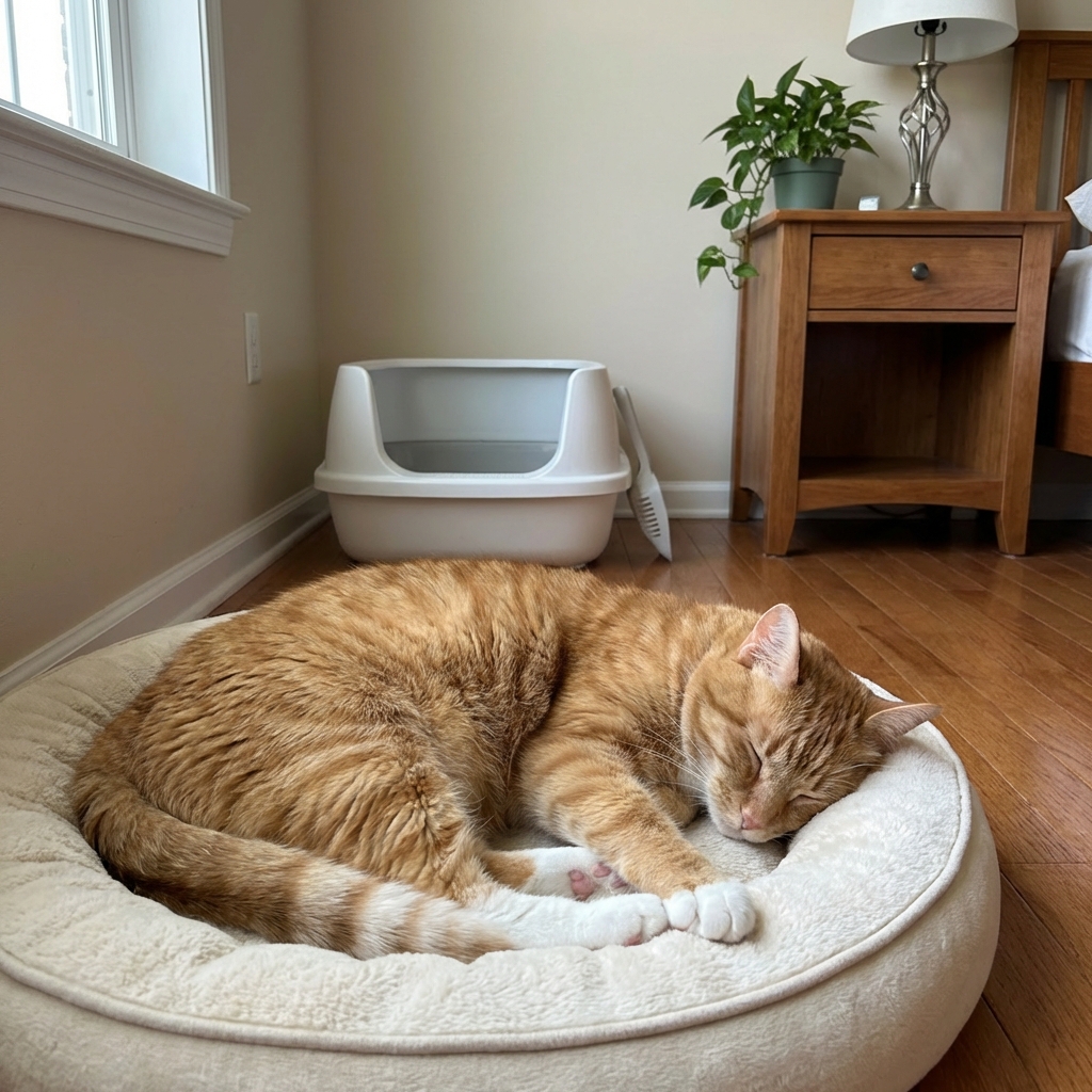 A cat resting on a soft bed with a low-entry litter box visible in the background