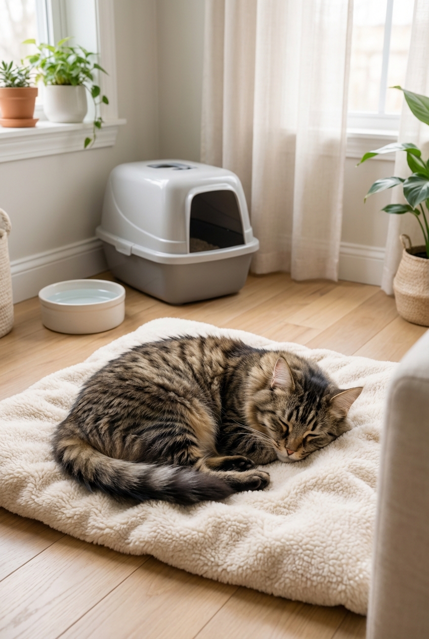 A cat resting on a soft blanket inside a small, quiet room with a litter box and water nearby