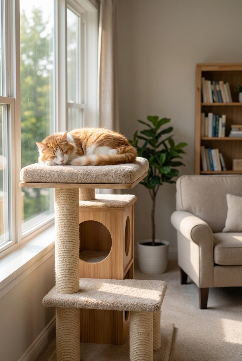 A cat resting on a tall cat tree near a window in a quiet living room