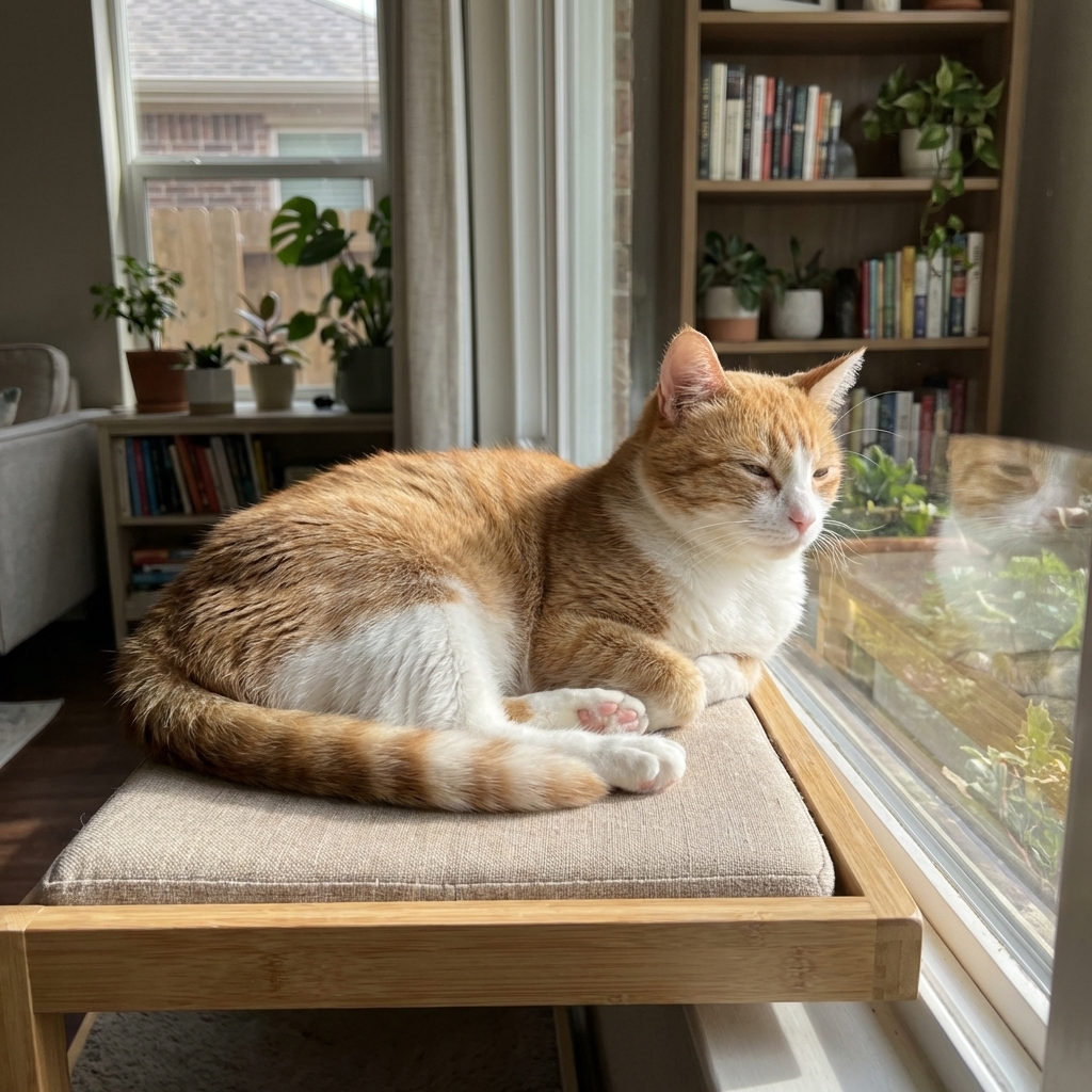 A cat resting on a window perch looking outside with a calm posture, indoor home photography