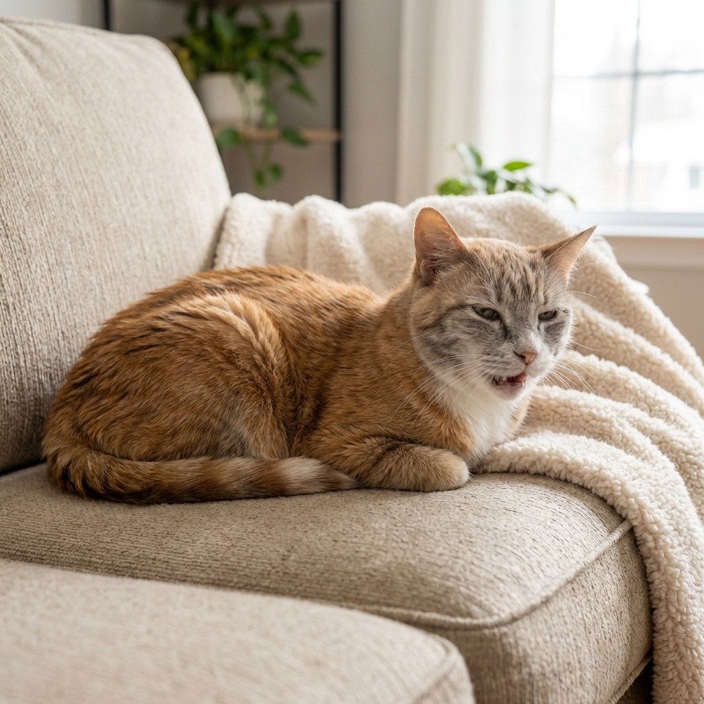 A cat resting with noticeable effort in its breathing while lying on a couch