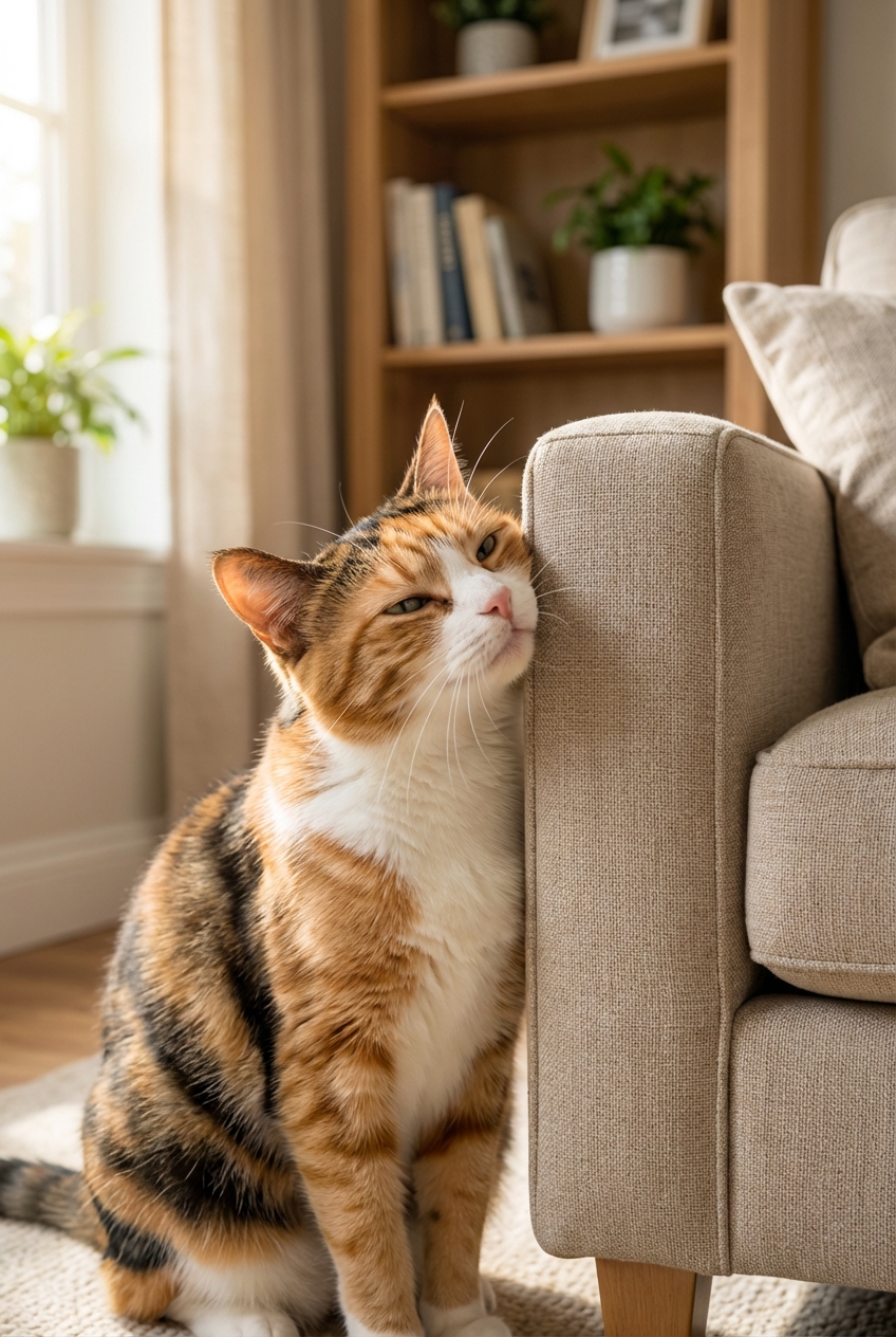 A cat rubbing against a sofa arm in a home setting
