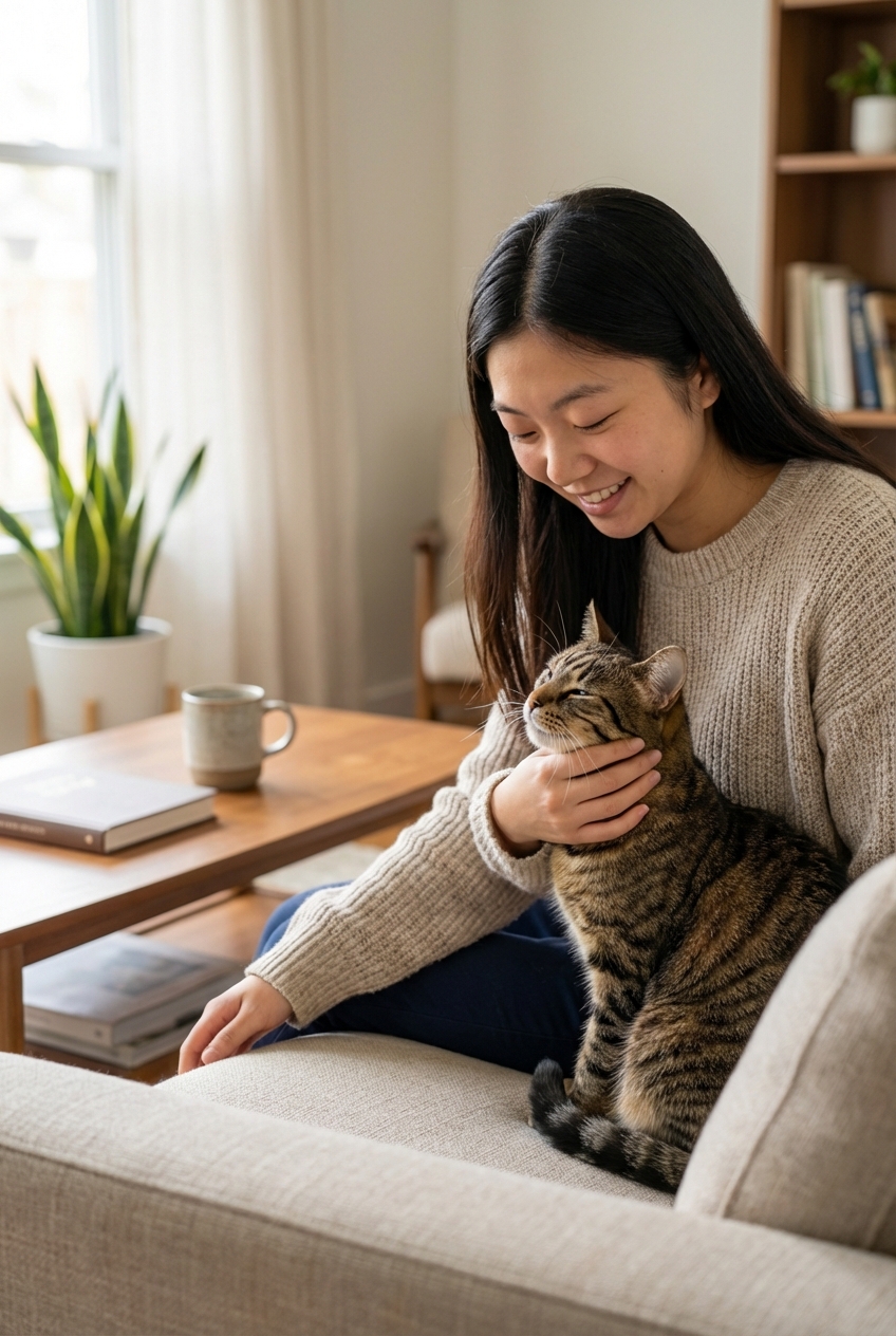 A cat rubbing her cheek against a person’s hand in a living room