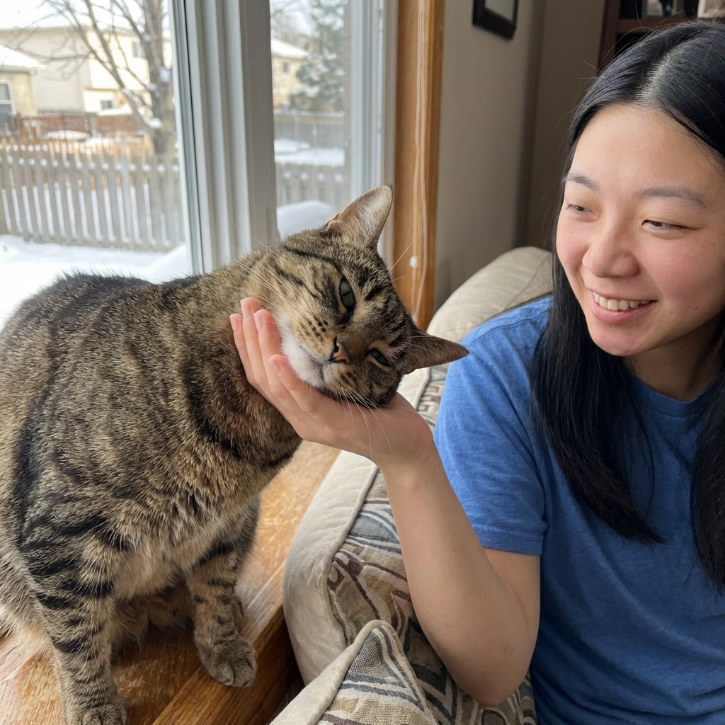 A cat rubbing her cheek against a person’s hand indoors