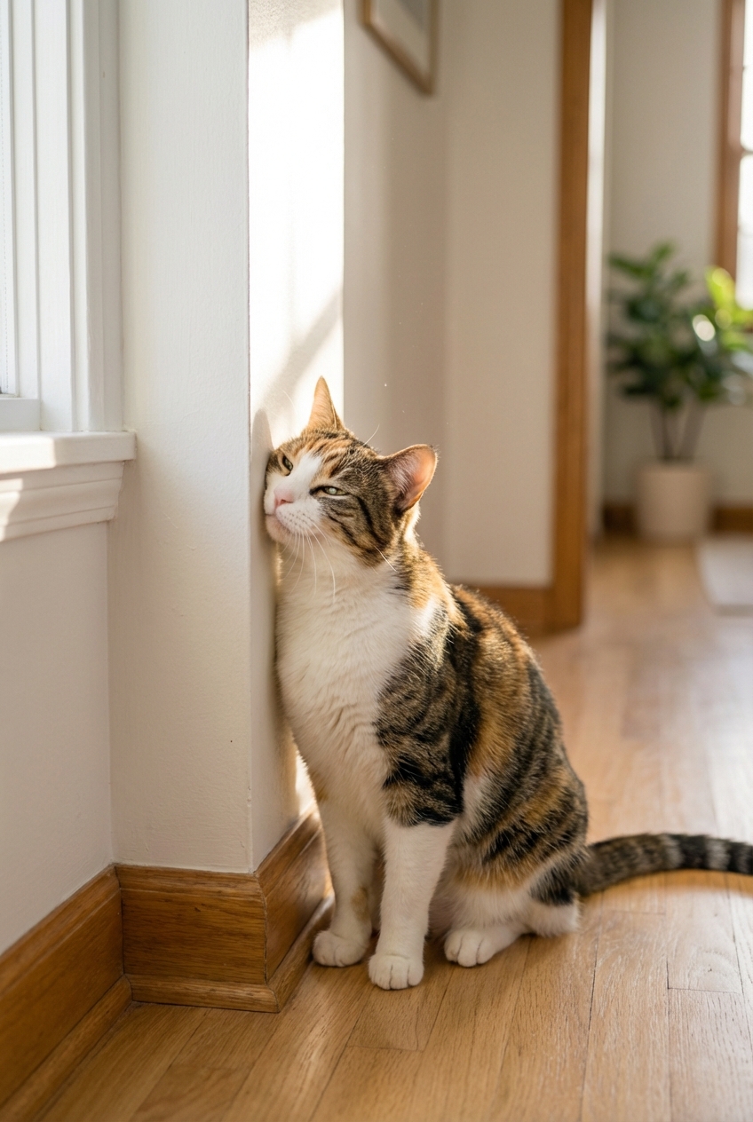 A cat rubbing its cheek against the corner of a hallway wall in a bright home