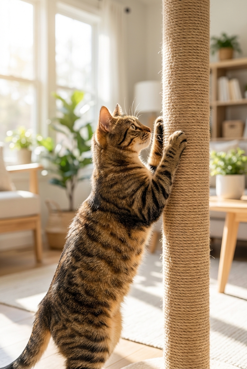 A cat scratching a sisal scratching post in a bright room