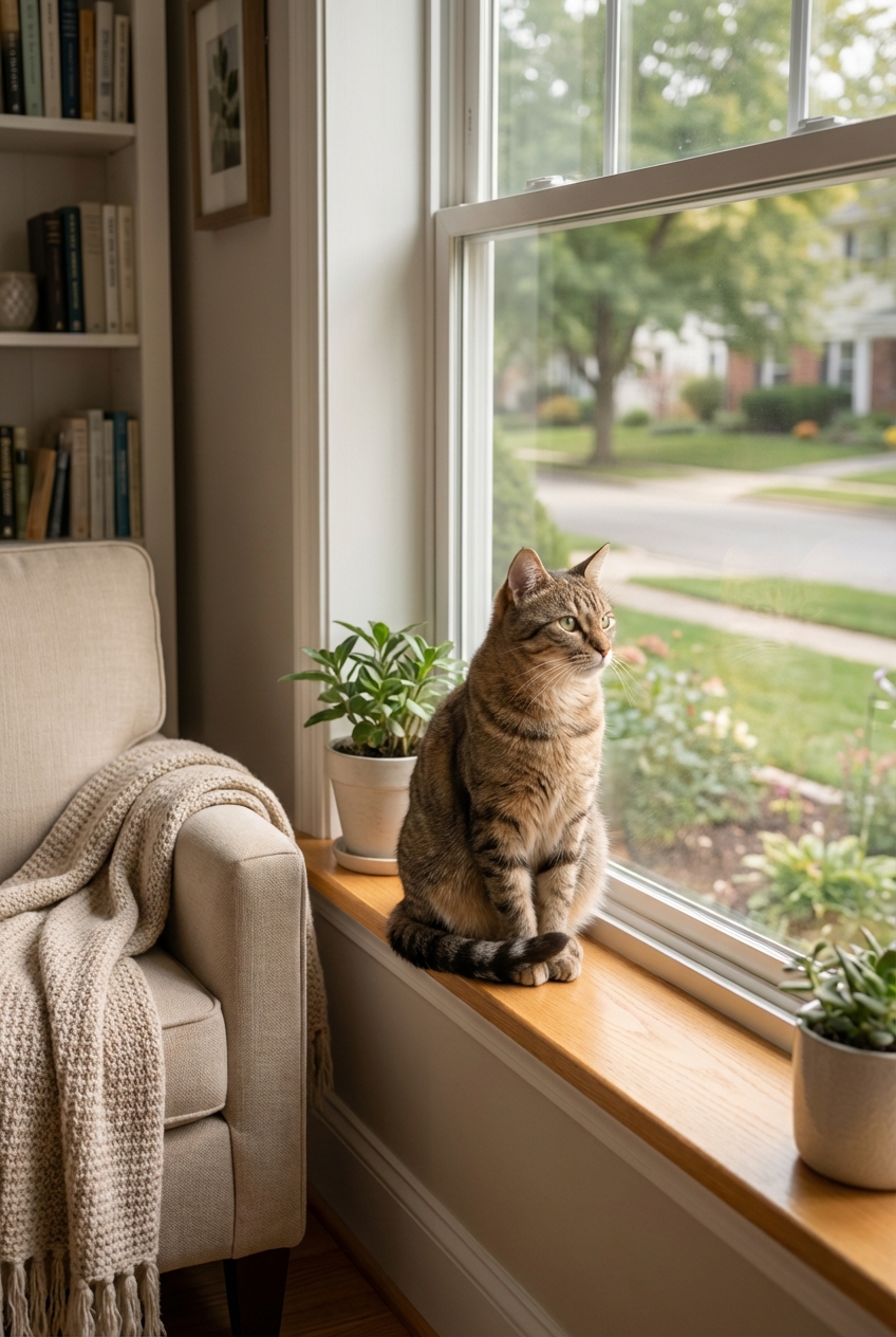 A cat sitting by a window with a calm posture in a quiet living room