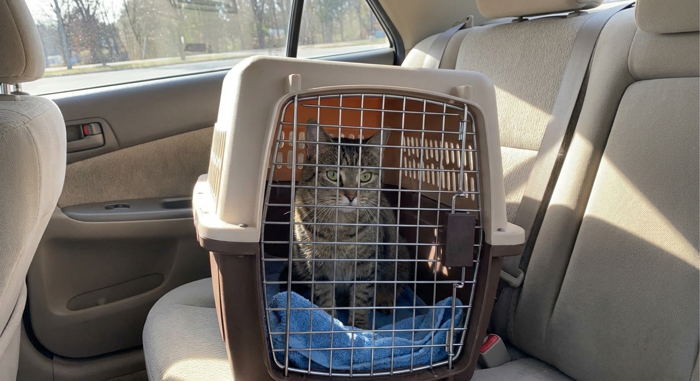 A cat sitting calmly in a hard plastic pet carrier on a car seat with a towel inside