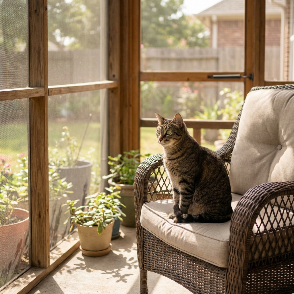 A cat sitting calmly inside a screened outdoor patio enclosure with sunlight
