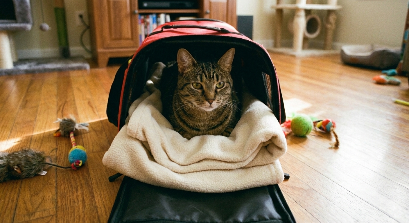 A cat sitting calmly inside an open carrier with a cozy blanket