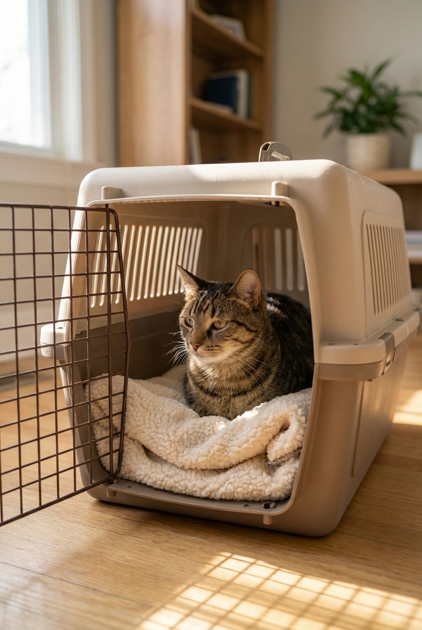 A cat sitting calmly inside an open hard-sided carrier with a soft blanket in a quiet room
