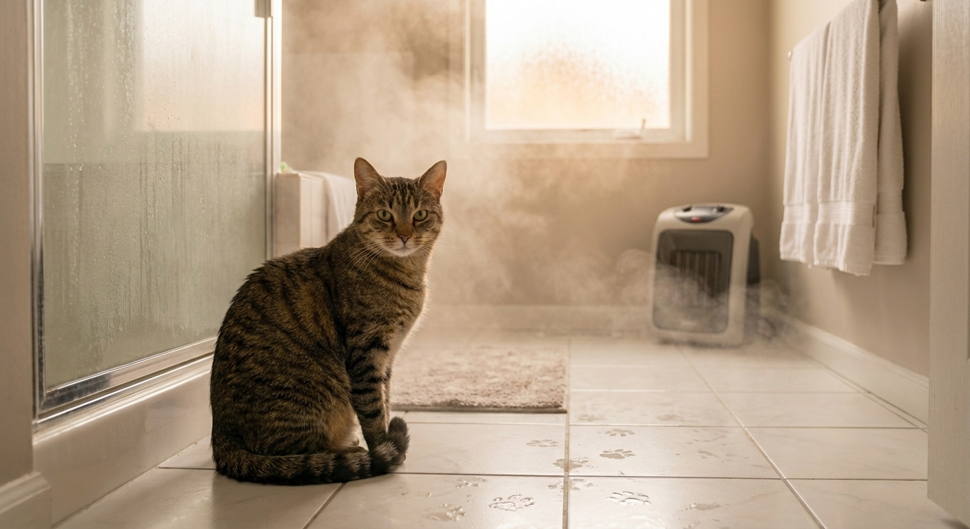 A cat sitting calmly on a bathroom floor while steam lightly fogs the room