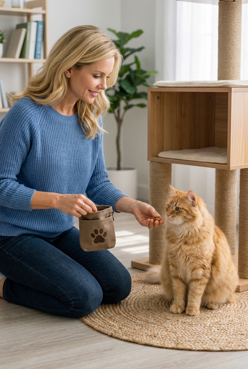 A cat sitting calmly on a small mat near a cat tree while a person holds a treat pouch nearby