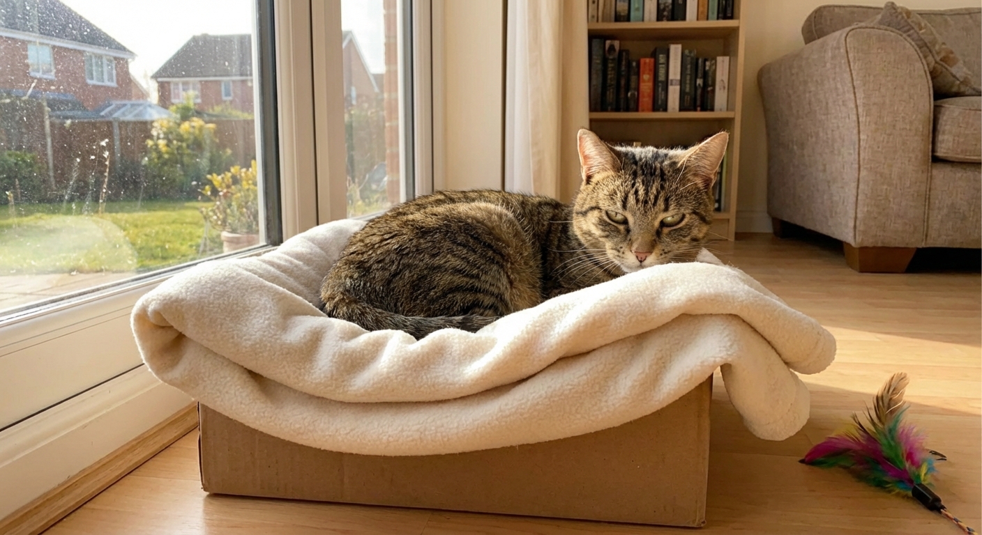 A cat sitting in a cardboard box lined with a soft blanket near a sunny window