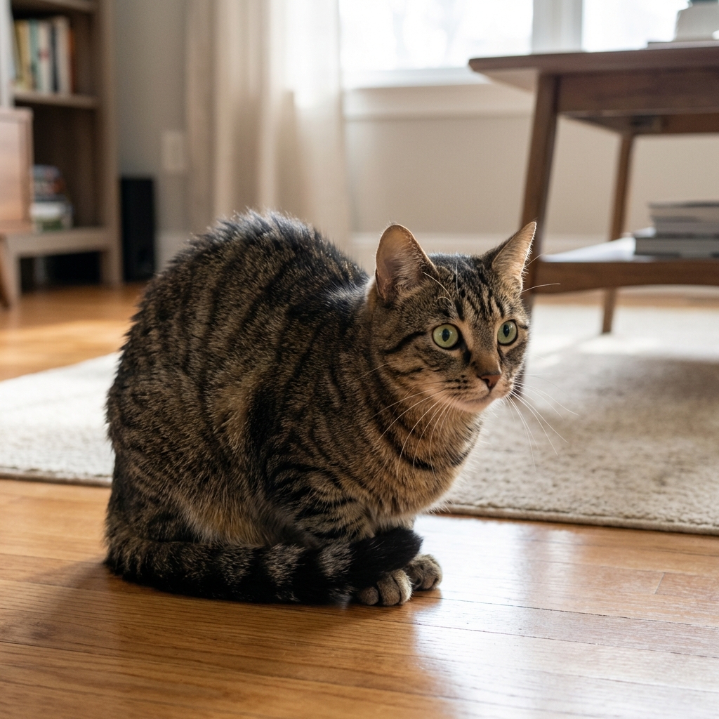 A cat sitting in a hunched posture on a living room floor with paws tucked and body held tense