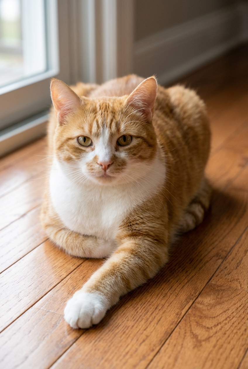 A cat sitting in a loaf position with one front paw extended on a hardwood floor