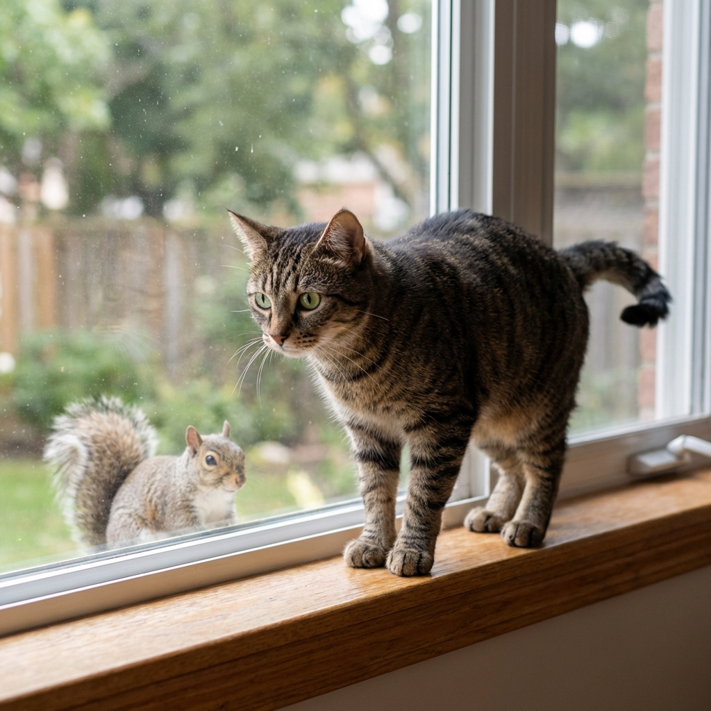 A cat sitting in a window watching outdoors in a tense, alert posture