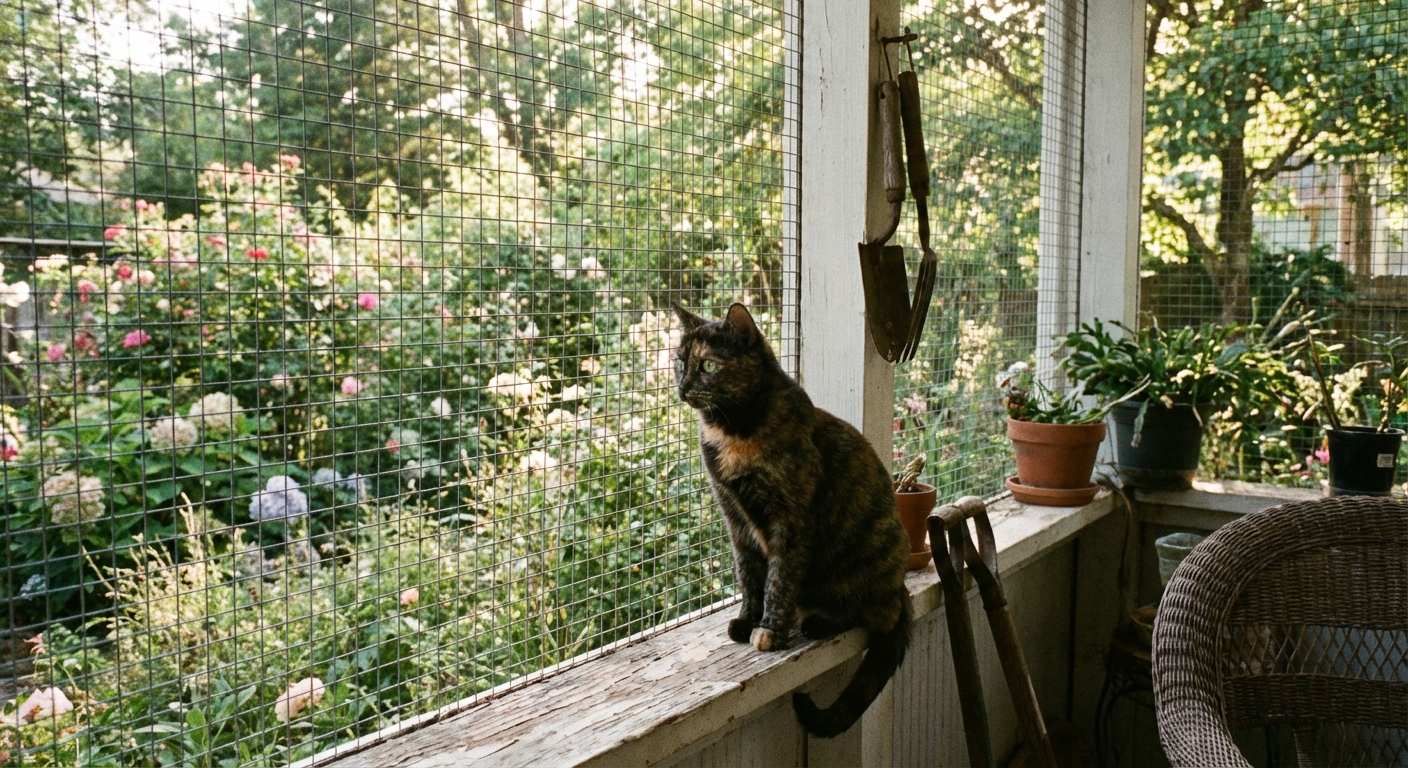A cat sitting inside a screened patio looking out into a garden