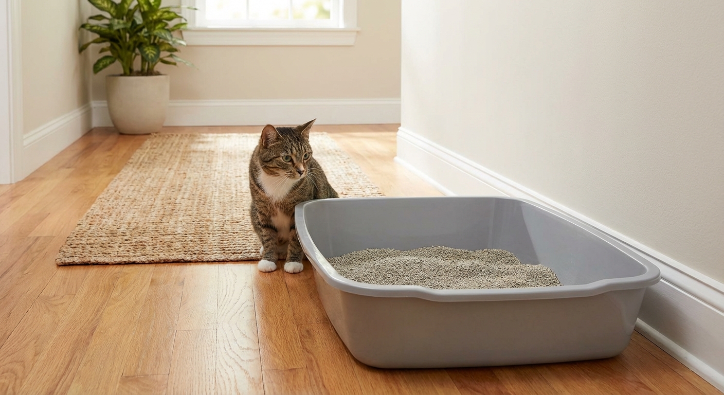 A cat sitting near a clean litter box in a calm home hallway