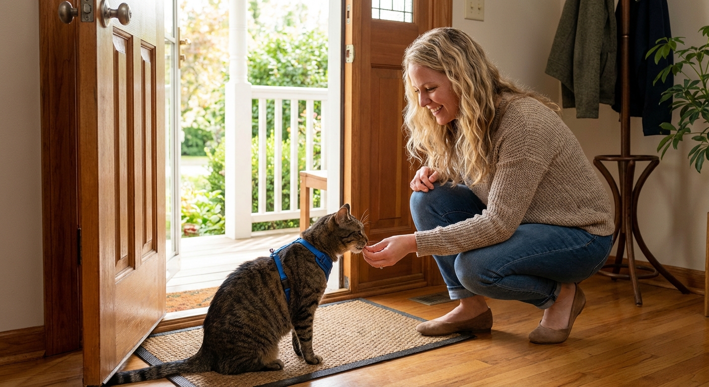 A cat sitting near an open front door wearing a harness while an owner offers a treat