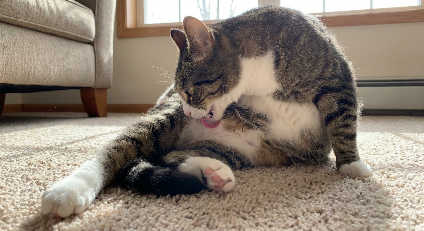 A cat sitting on a carpeted floor licking its belly fur repeatedly, close-up home photography