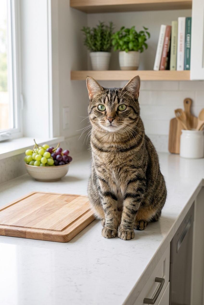 A cat sitting on a kitchen counter near a cutting board with grapes pushed far back out of reach