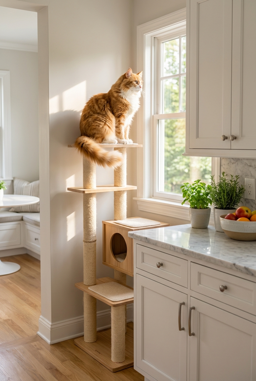 A cat sitting on a tall cat tree in a bright kitchen corner