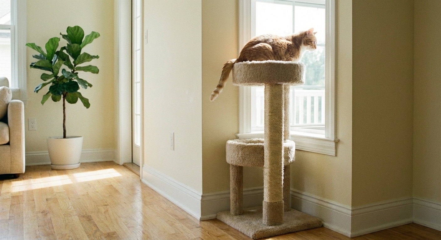 A cat sitting on a tall cat tree near a window inside a calm home