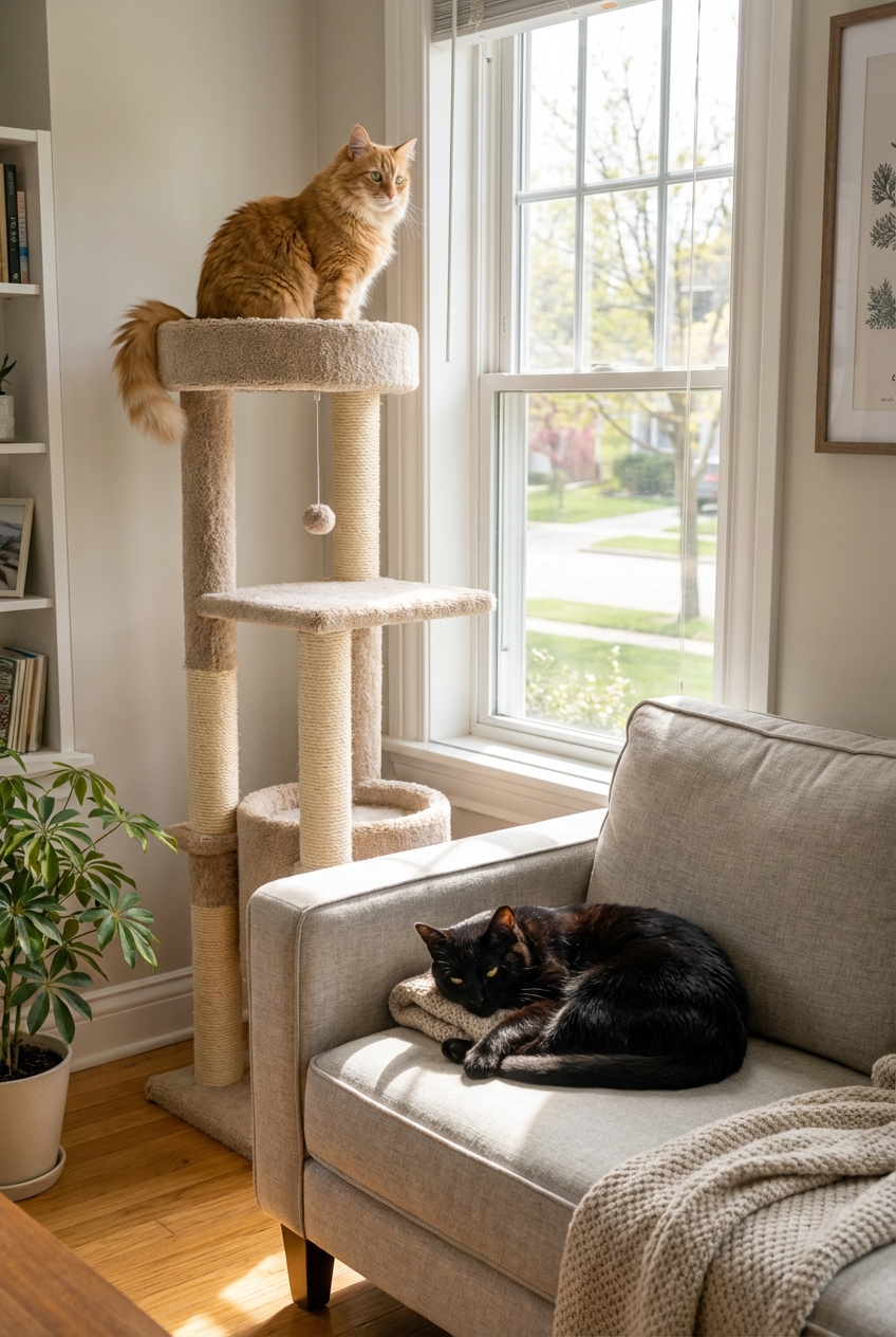 A cat sitting on a tall cat tree near a window while another cat rests on a sofa below