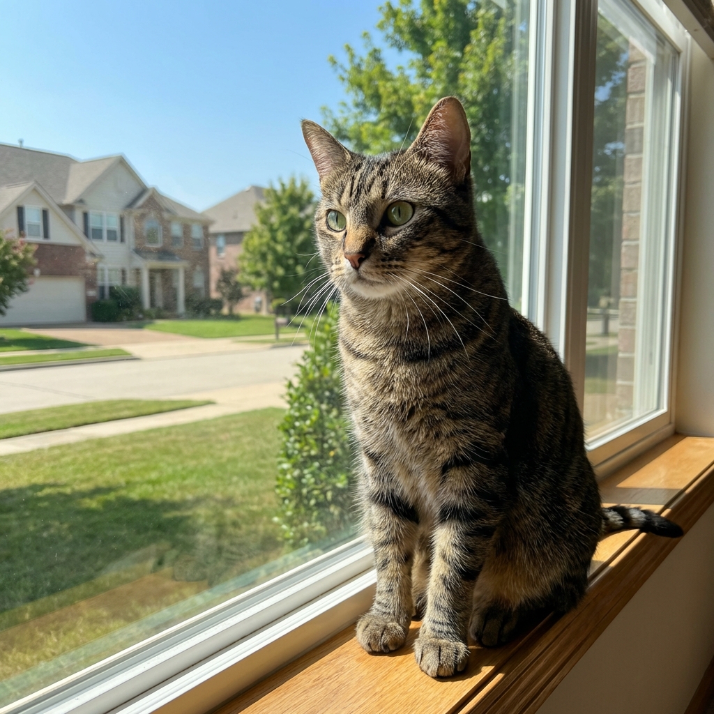 A cat sitting on a windowsill looking outside at a neighborhood