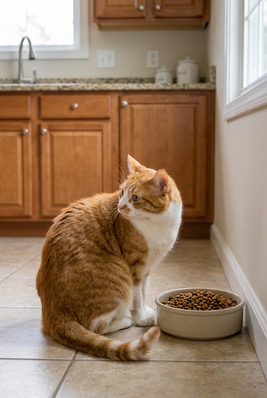 A cat sniffing a food bowl in a kitchen and turning its head away without eating
