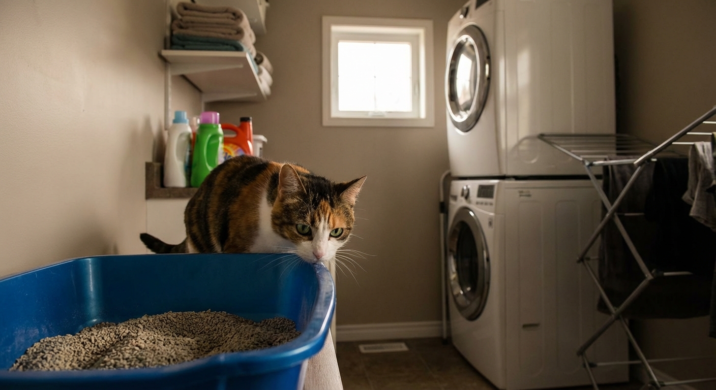 A cat sniffing near a litter box in a quiet laundry room
