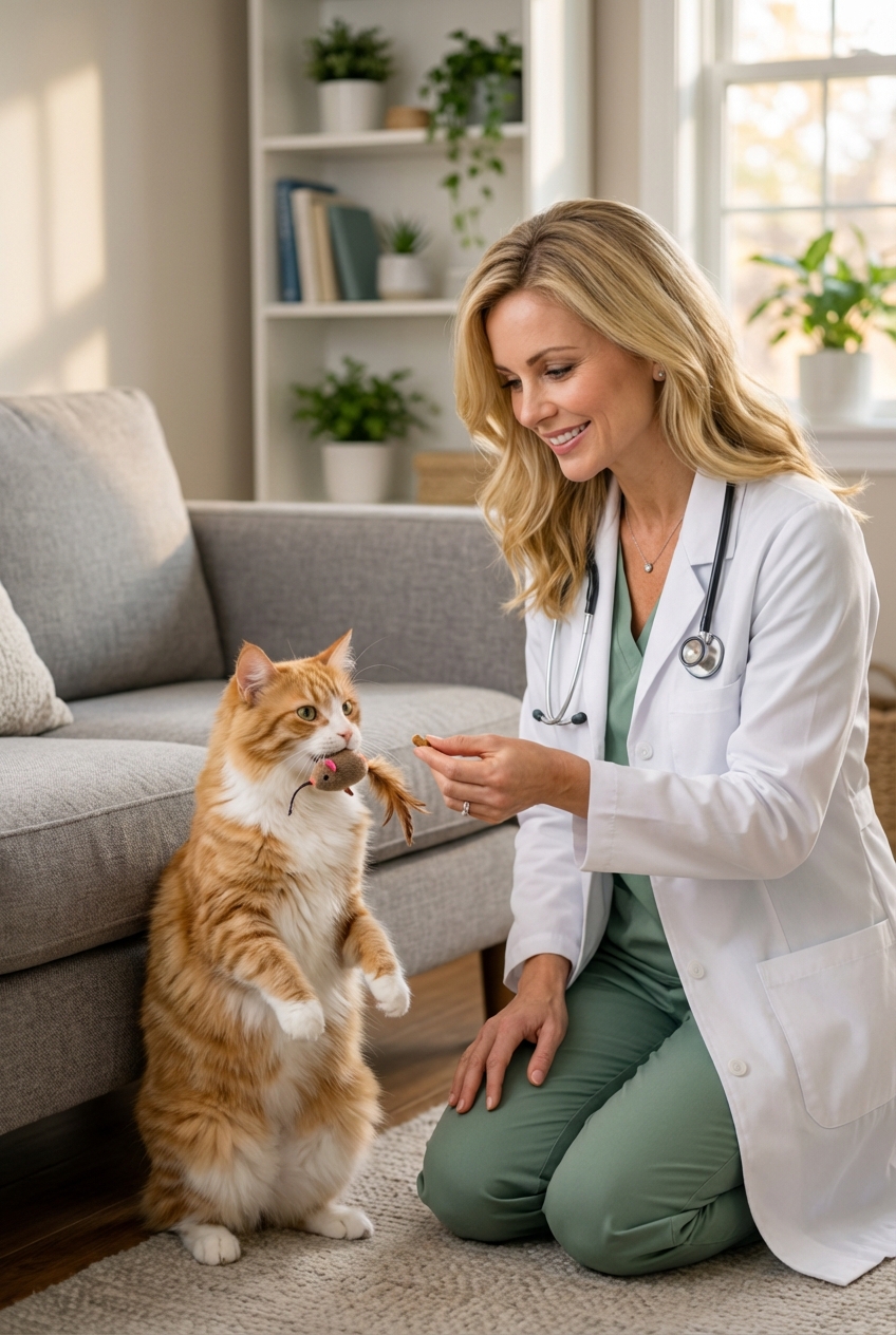 A cat standing near a couch holding a small toy while an owner offers a treat nearby