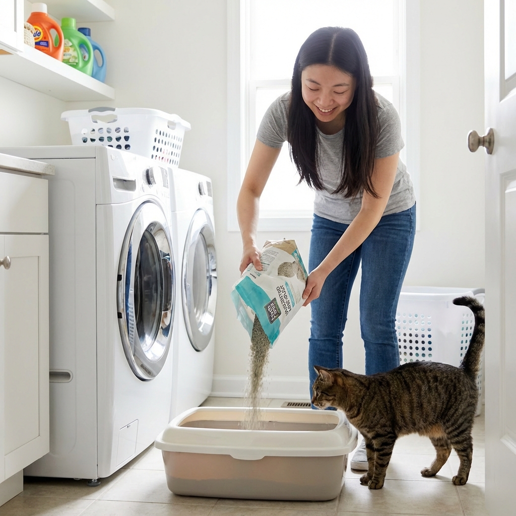 A cat standing near a litter box in a clean laundry room while a person pours unscented low-dust litter into the box
