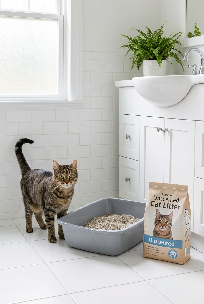 A cat standing next to a litter box in a clean bathroom with a bag of unscented litter nearby