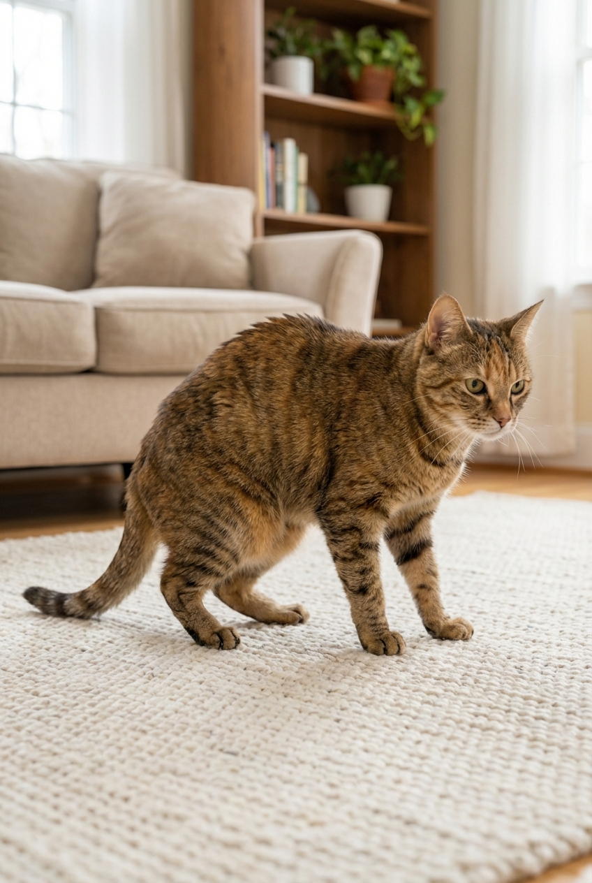 A cat standing on a living room rug with hind legs appearing weak and the hocks closer to the floor