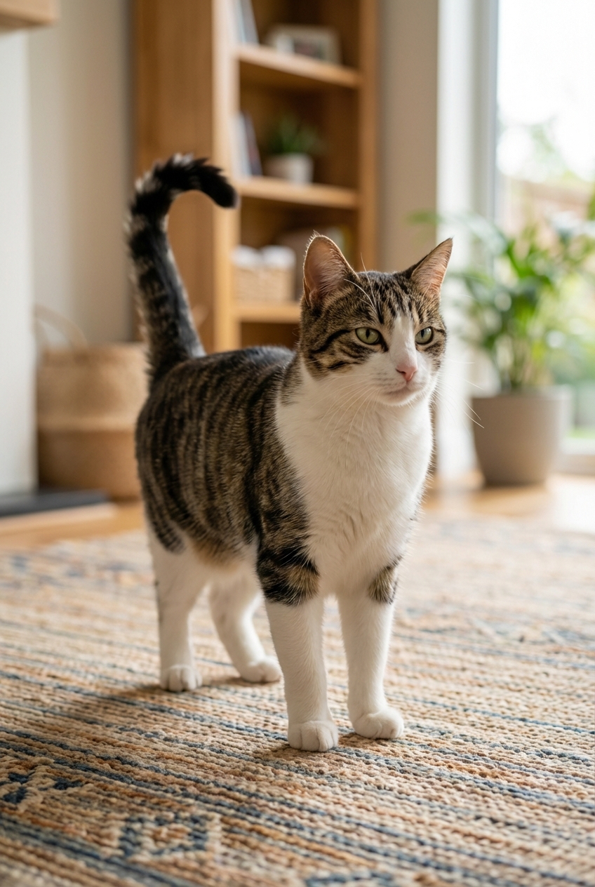 A cat standing on a living room rug with its tail held upright and the tip curled like a question mark