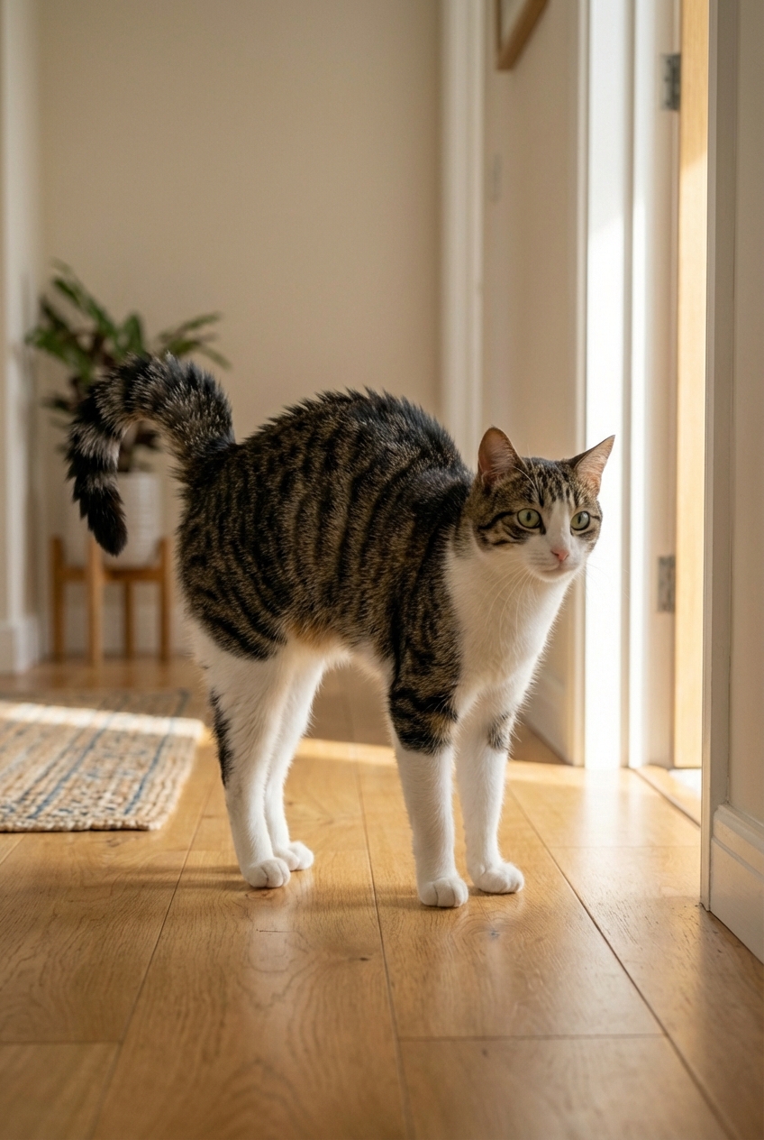A cat standing with an arched back and a puffed tail in a hallway
