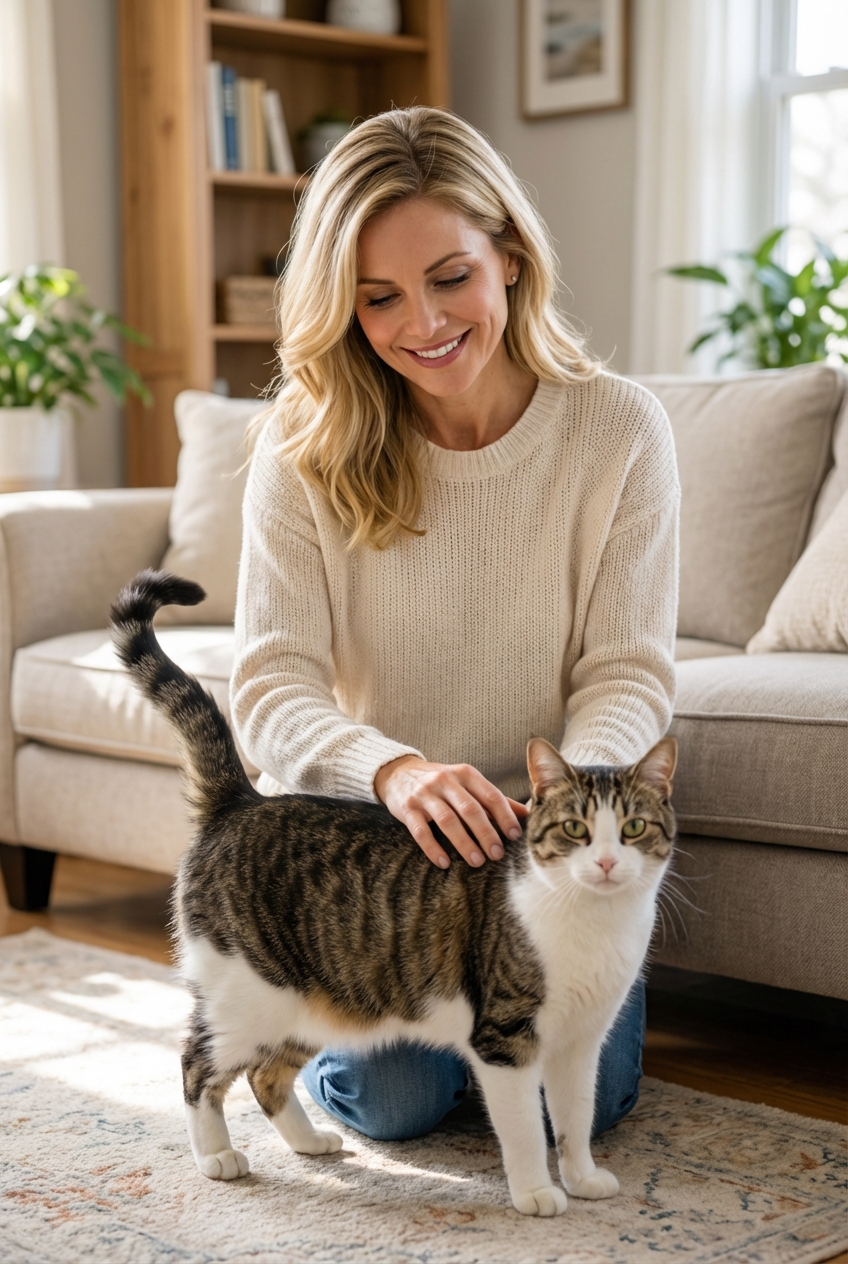 A cat standing with tail held to the side while being gently petted on the back in a living room