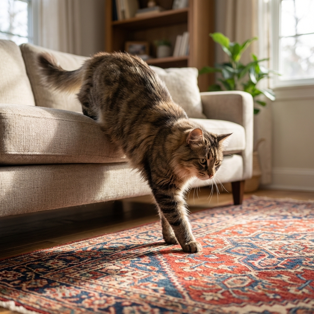 A cat stepping carefully down from a low sofa onto a rug in a living room