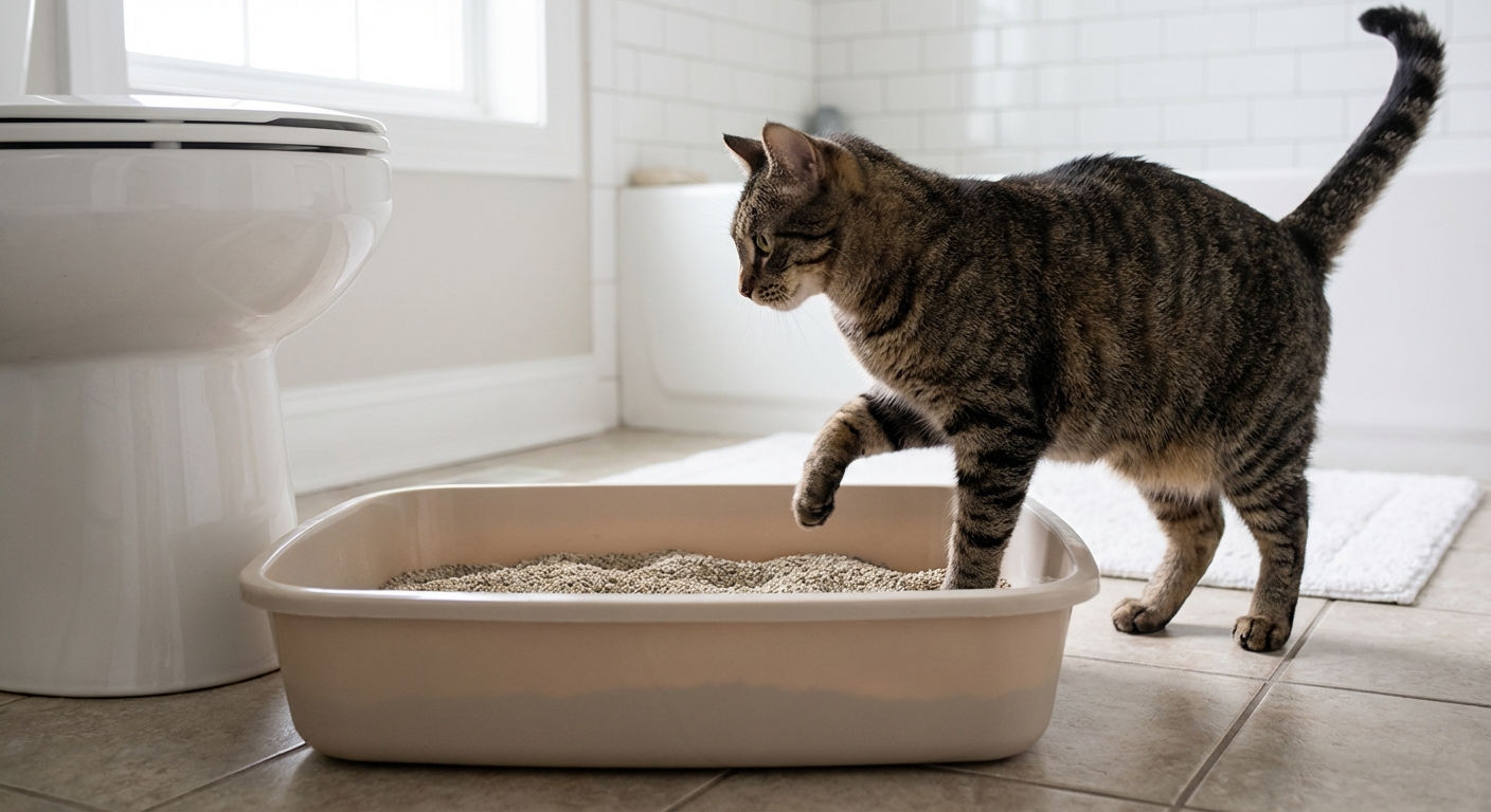 A cat stepping into a low-sided litter box placed on a bathroom floor