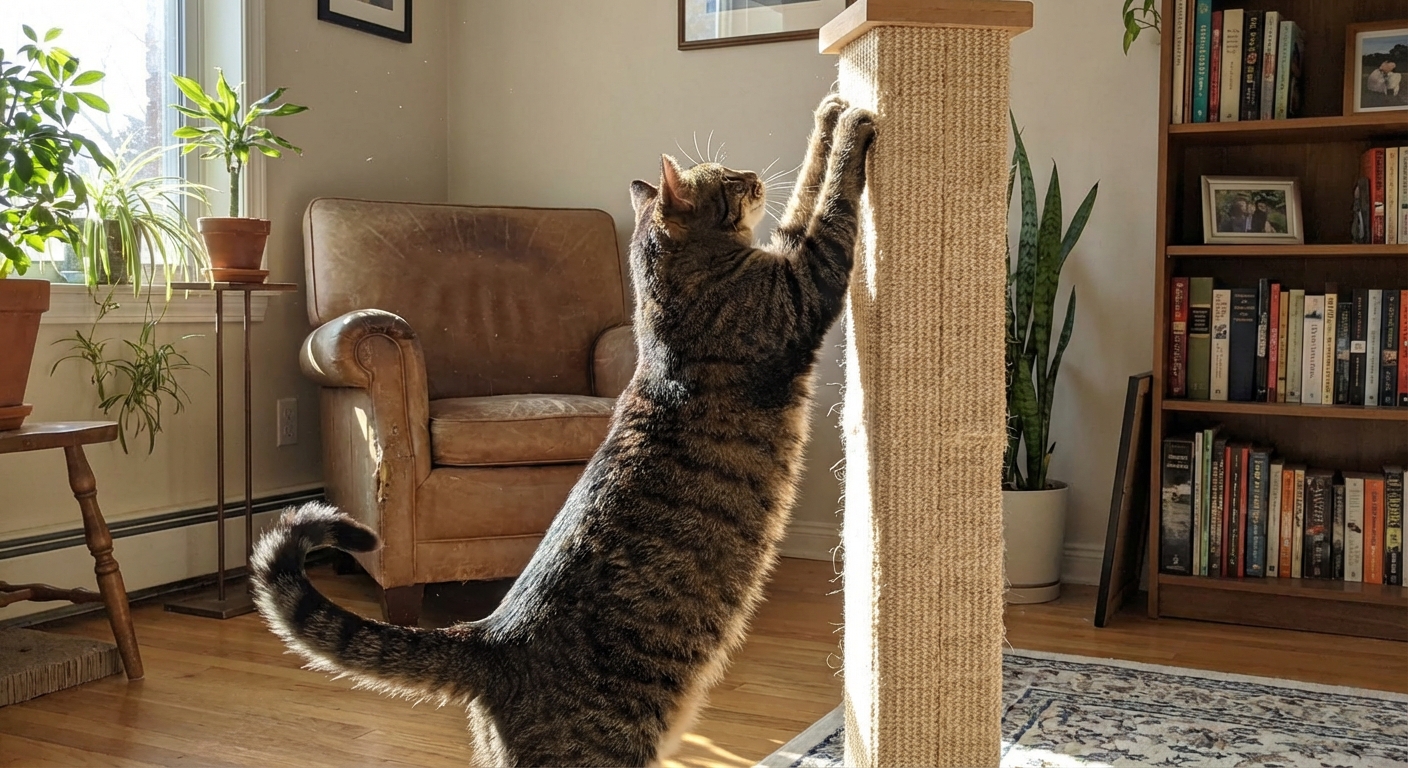 A cat stretching and scratching a tall sisal scratching post in a bright living room